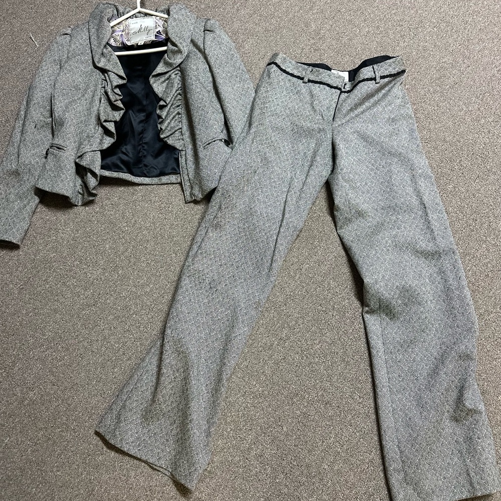 Milly tweed gray, black white Women's Pants & blazer ruffle Set 2 top, 6 Bottom